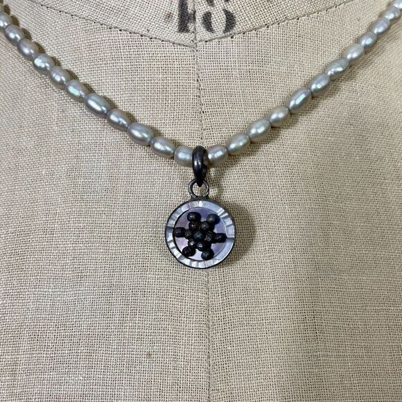Vintage Sterling Silver Gray Potato Pearl 17" Necklace Faceted Star Abalone 925 - Picture 3 of 10